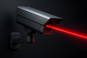 CCTV security camera with red laser beam scanning in dark environment, symbolizing surveillance, monitoring, protection, technology, and advanced security systems