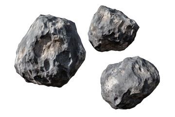Obraz premium A collection of three rugged. irregularly shaped rocks various textures and colors. set against a clean white background. ideal for nature-themed projects or educational materials