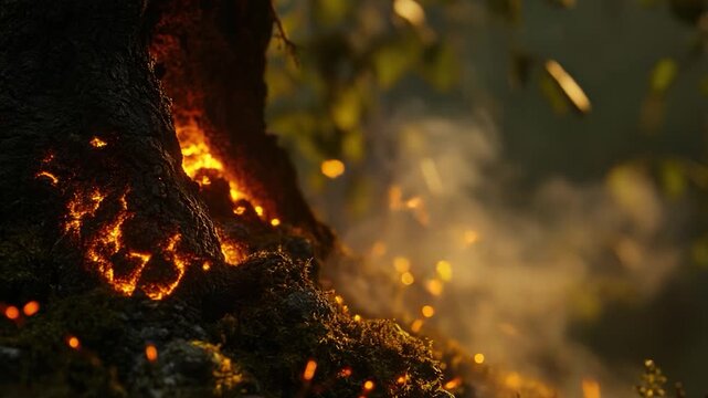A close-up shot of a tree with flames licking its trunk, great for dramatic or apocalyptic scenes