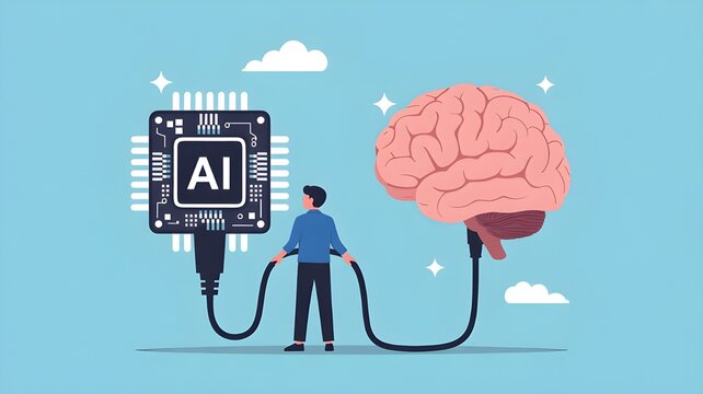 A person connecting a brain to an ai chip with cables on a light blue background