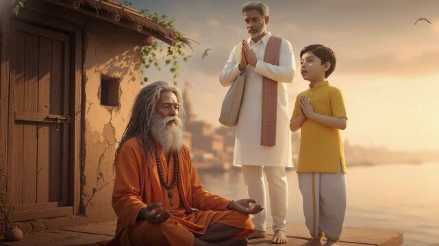 A guru blesses a child beside the riverside ashram, surrounded by serene spiritual energy and calm waters.