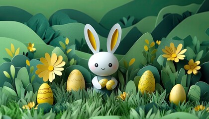 Cute bunny holds eggs, amid daisies, grass, and green paper hills. Use in Easter cards, spring promotions, or children's themed designs.