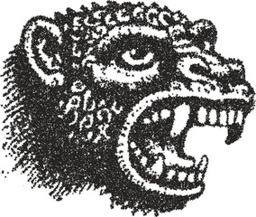 Fierce jaguar or panther head with tribal patterns, created with a stipple vector art style. Powerful big cat design for themes of wildlife, ancient culture, and strength.
