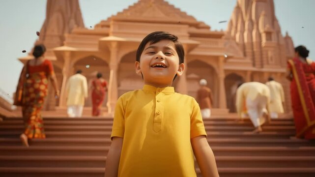 A happy child lifts hands joyfully in front of a temple, filled with innocence and devotion.