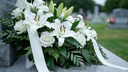White floral arrangement with lilies and roses on a granite tombstone at a cemetery. Funeral ceremony and memorial concept.