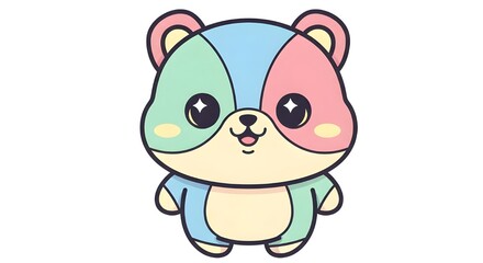 A cute kawaii-style bear character illustrated with soft pastel colors and bold outlines. The bear features large sparkling eyes, rounded shapes, and colorful patchwork-style sections in blue, green.