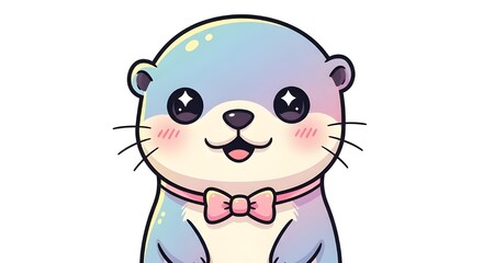 A colorful and adorable cartoon otter character with big sparkling eyes, soft gradient pastel colors, and a pink bow tie. The illustration features a kawaii-style design with rounded shapes and a chee