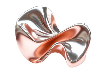 A sleek. modern sculpture resembling an abstract chair. a blend of shiny silver and rose gold finishes. set against a minimalist white background. emphasizing its artistic design