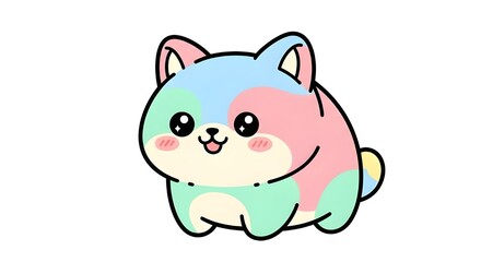 A charming kawaii-style cat character illustrated in soft pastel colors with a rounded, chubby body and adorable expression. Featuring bold outlines, shiny eyes, pink cheeks, and smooth color transiti