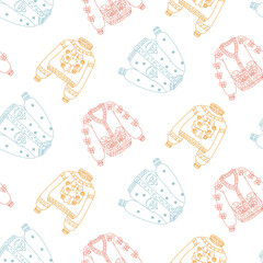 pattern with festive Christmas sweaters in colored doodle, decorated with festive bows, wreaths, lollipops, balls. seamless contour texture for winter fabric, cozy digital paper, seasonal backgrounds