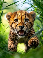 Fototapeta premium Cheetah cub in motion african savannah wildlife photography natural habitat close-up dynamic pursuit