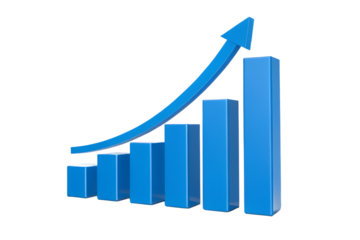3D rendered blue bar chart with upward arrow indicating business growth or financial success on transparent background