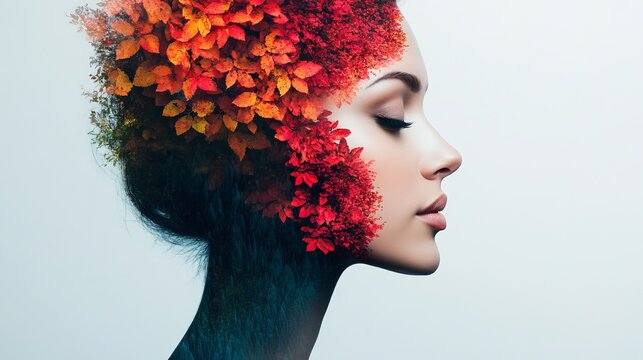 Woman presents a double exposure effect with her profile merging into colorful autumn leaves against a bright background.