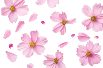 A arrangement of delicate pink cosmos flowers scattered artfully on a clean white background. their soft petals and bright yellow centers. ideal for nature-themed designs and floral motifs