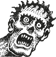 Terrifying zombie face screaming in horror, created with a grainy stipple vector effect. Monochrome illustration perfect for Halloween, apocalypse, or undead themes.

