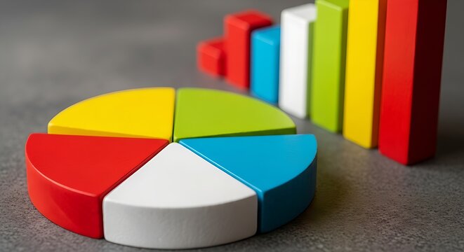 Colorful pie chart and bar graph representing business data and statistics