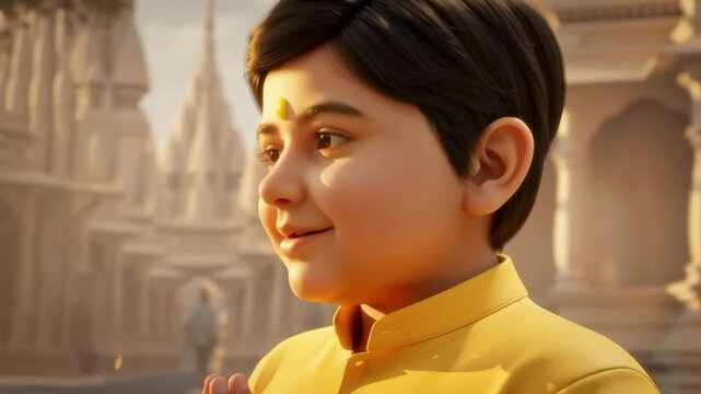 A smiling boy with a tilak glows in warm morning light, radiating innocence and peace.