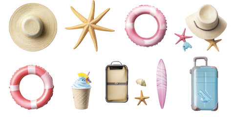 A beach-themed arrangement featuring a straw hat. starfish. lifebuoys. a surfboard. a suitcase. and a refreshing drink. evoking a summer vacation vibe perfect for travel promotions