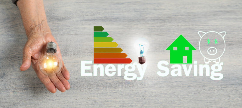 Energy Saving concept. Piggy bank, house, light bulb. Energy Efficiency
