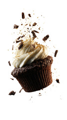 Dark cupcake with frosting, sprinkles floating against a black backdrop