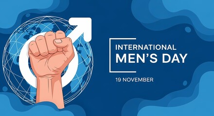 International mens day banner with fist and male symbol on blue background