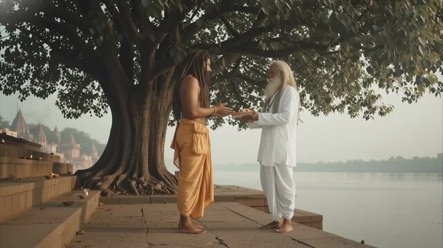 Two sages converse beside the holy riverside steps, sharing wisdom in a serene spiritual atmosphere.