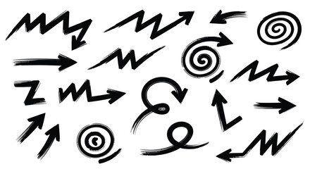 A collection of various hand-drawn black arrows and spiral shapes with a textured brushstroke effect on a white background.