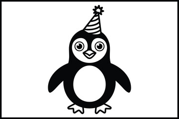 Cute cartoon penguin wearing a striped party hat with a star. isolated on white background, Vector
