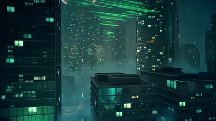 A Futuristic Cityscape Illuminated by Neon Green Data Streams Cascading Through Skyscrapers in a Misty Night Atmosphere - Powered by Adobe