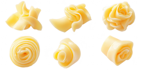 An artistic arrangement of delicate. rolled cheese slices shaped like flowers. their creamy texture and pale yellow color. perfect for culinary presentations or food styling
