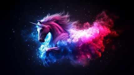A majestic Pegasus emerges from vibrant red and blue cosmic smoke against a dark stellar background.