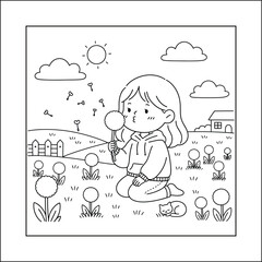 Cute Girl Blowing Dandelion Seeds in Spring Field Line Art