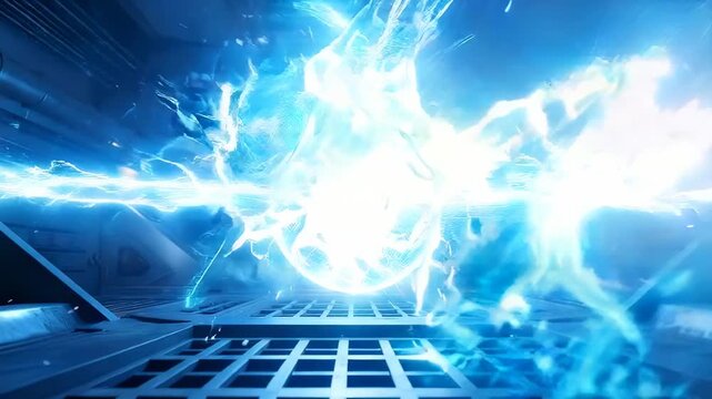 A Stunning Display of Energy: A Brilliant Electric Sphere Surrounded by Dynamic Lightning Strikes Illuminates a Futuristic Environment