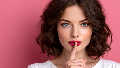 Naklejka premium A woman with short hair and a pink background. She is holding her hand to her mouth and has a red lipstick on
