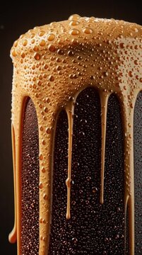 Overflowing dark beer with dripping foam and icy glass condensation