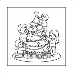 Cute Kids Decorating Christmas Tree Line Art Coloring Page