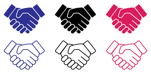 Handshake icon set showing agreement, partnership and teamwork in bold and outline styles. Includes blue, black and red variations for business, collaboration, deal, handshake, agreement, partnership
