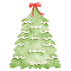 Festive Hand-Drawn Watercolor Christmas Tree Decoration with Vintage Red Ribbon, Coquette Xmas illustration