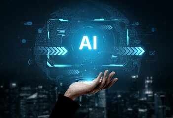 Concept of advanced Artificial Intelligence technology. A futuristic heads-up display shows the core system processing data, representing machine learning and complex analysis. Fermion
