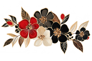 A arrangement of red. black. and white flowers with intricate gold detailing. set against a clean white background. ideal for decorative purposes or floral-themed designs