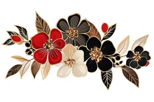 A arrangement of red. black. and white flowers with intricate gold detailing. set against a clean white background. ideal for decorative purposes or floral-themed designs