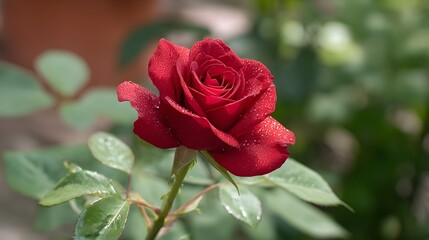 A vibrant red rose bloom glistening with dew drops set against a softly blurred green garden background