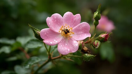 A delicate pink wild rose bloom adorned with water droplets visited by a bee with green buds in the background