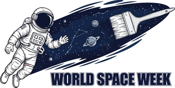 Astronaut painting the universe for world space week isolated on white background