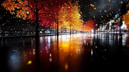 Autumn trees line a reflective wet street at night with falling leaves and city lights.