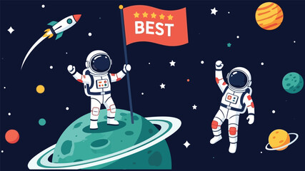 Astronauts celebrating success in space with flag isolated on white background