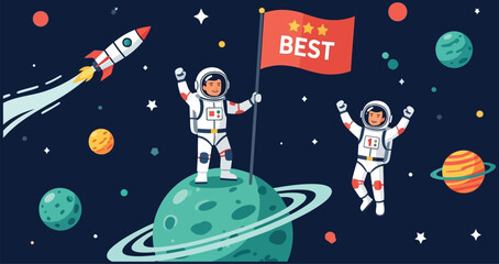 Astronauts celebrating success in space with flag isolated on white background