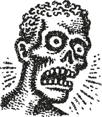 Fototapeta premium Panicked zombie face with brain-like hair, screaming in horror, created with an expressive stipple vector technique. A raw and intense design for punk rock flyers or indie comics. 