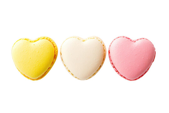 A beautifully arranged trio of heart-shaped macarons in pastel colors?yellow. white. and pink?set against a clean white background. perfect for a romantic dessert display or bakery promotion