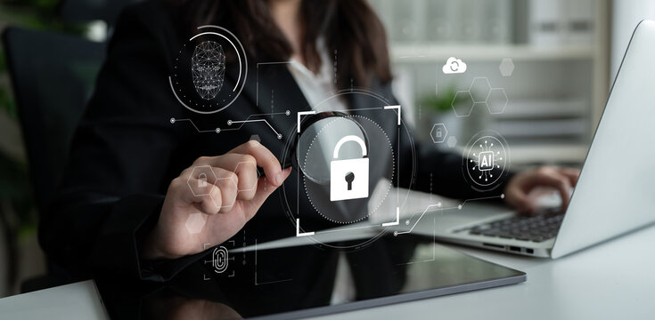 AI cyber security system using biometric authentication and privacy control. Cyber security protects identity, cybersecurity detects threats, cybersecurity ensures safety, and secures data. Latch